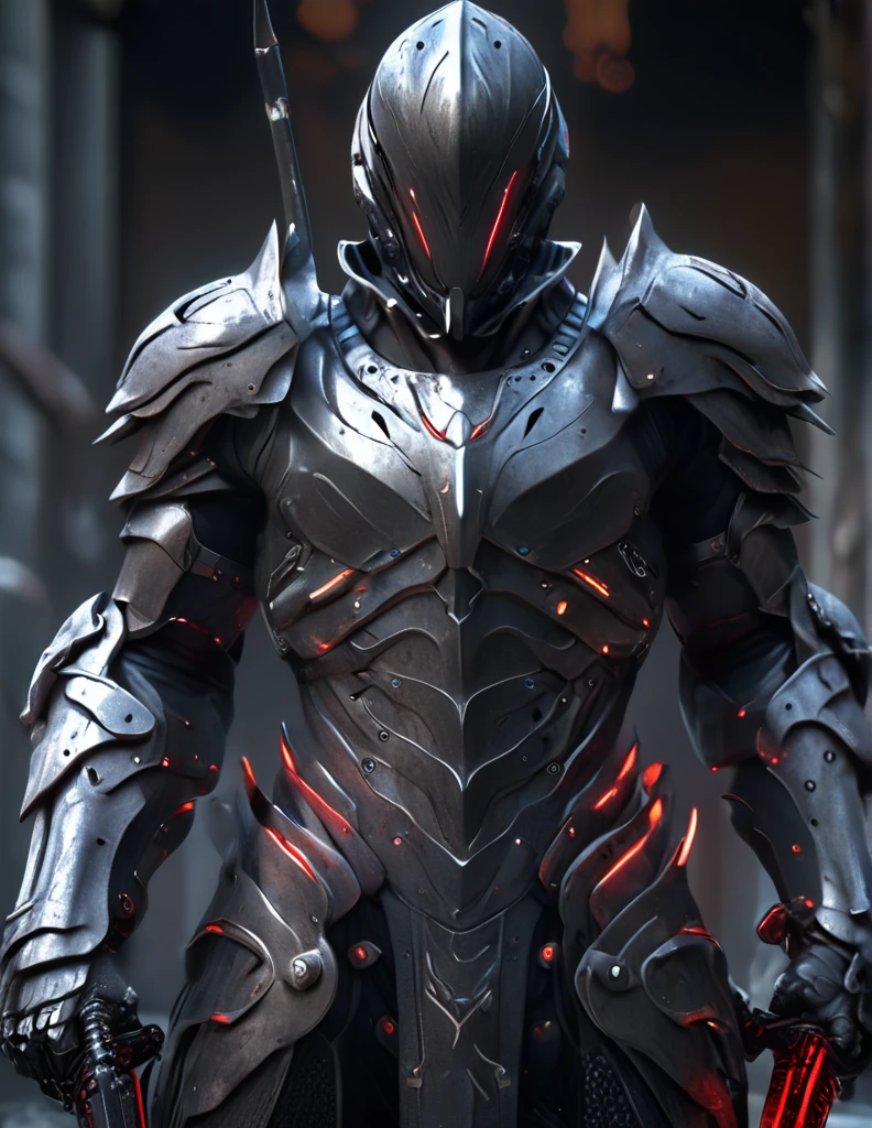 arafed man in a black suit with a sword and a helmet, covered in full metal armor, raiden metal gear, stylish cyborg armor, covered in full silver armor, movie still of a villain cyborg, cyborg samurai, cyborg ninja, raiden from metal gear rising, cyber japan style armor, black scales and cyborg tech, akihiko yoshida. unreal engine With core in the chest and huge giant