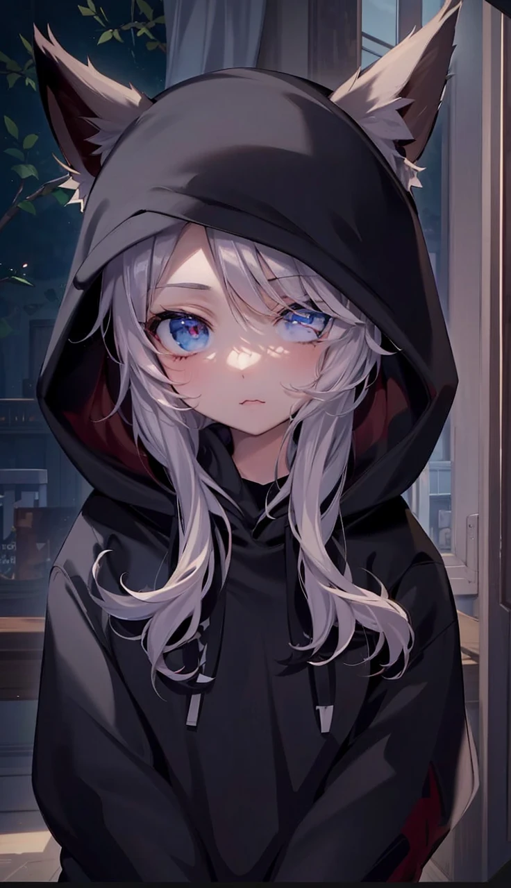 catgirl, 1gir, cat ears, ((cute)), masterpiece, best quality, perfect face, hoodie, hood, looking up, high angle, smal, furr, cozy, warm, window, night, long hoodie, no_pants, 4k, wallpaper, close up, digital art, anime style, beautiful eyes, intimate