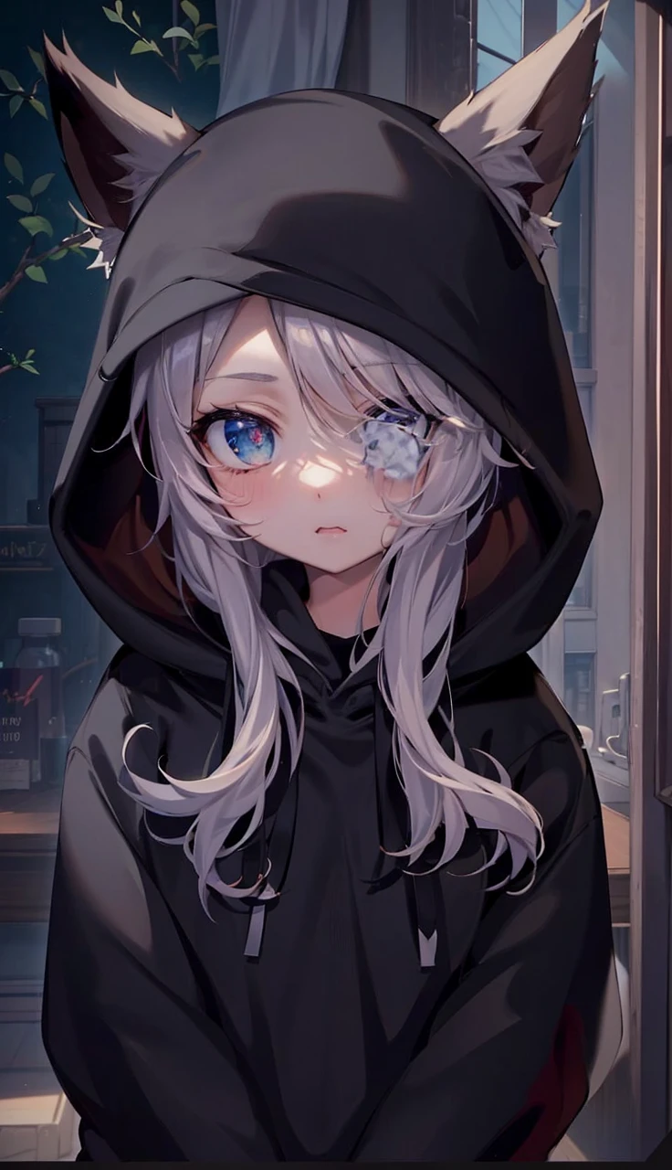 catgirl, 1gir, cat ears, ((cute)), masterpiece, best quality, perfect face, hoodie, hood, looking up, high angle, smal, furr, cozy, warm, window, night, long hoodie, no_pants, 4k, wallpaper, close up, digital art, anime style, beautiful eyes, intimate