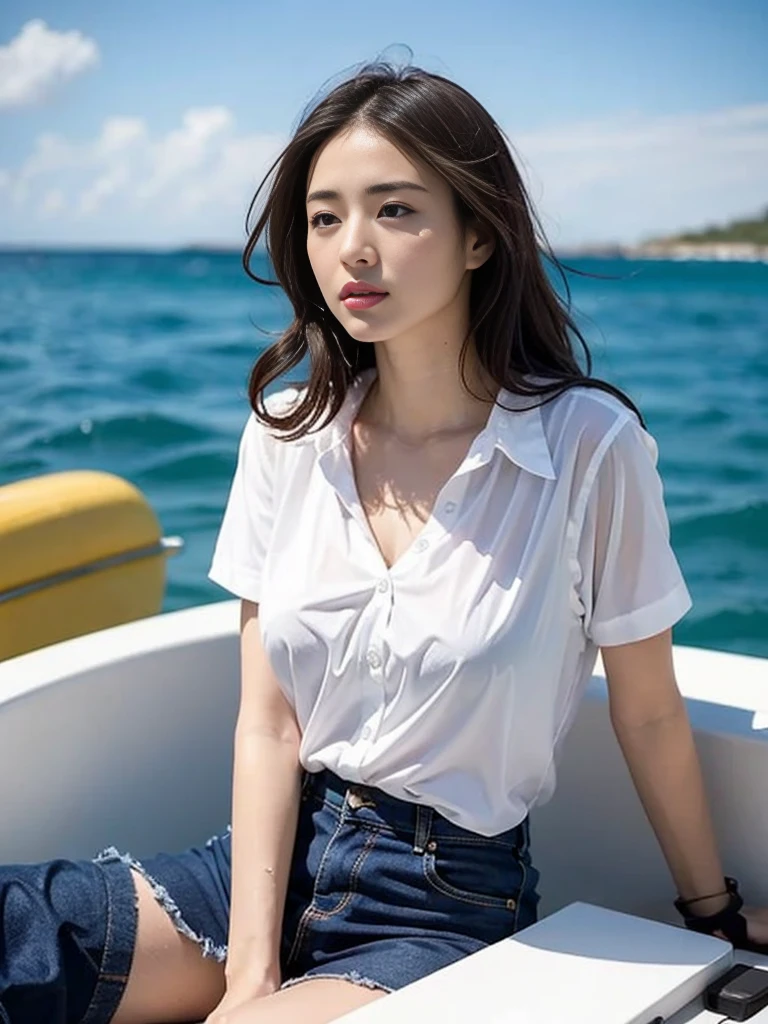 (Gray background、pubic hair、Large Breasts、((Thighs))、(((Glaring)))、Curly Hair、Disheveled Hair、Cute woman、high school girl、White shirt、Navy frill mile、Open chest shirt、A wet shirt with underwear showing through、Gazing at the sea、On the boat、