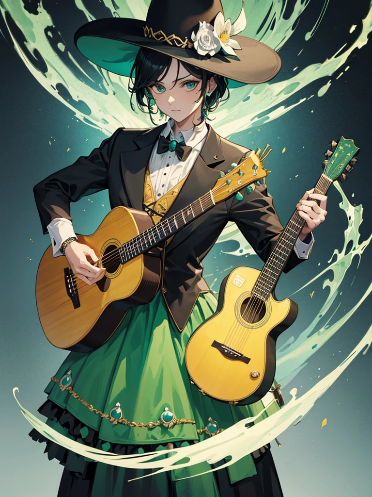 Make a skull, take care of the detail in the bones, healing magician, create a combination of magician and mariachi clothing, green clothing color, dessert details, black hair, generates a big hat, place a guitar, do not multiply the instrument 