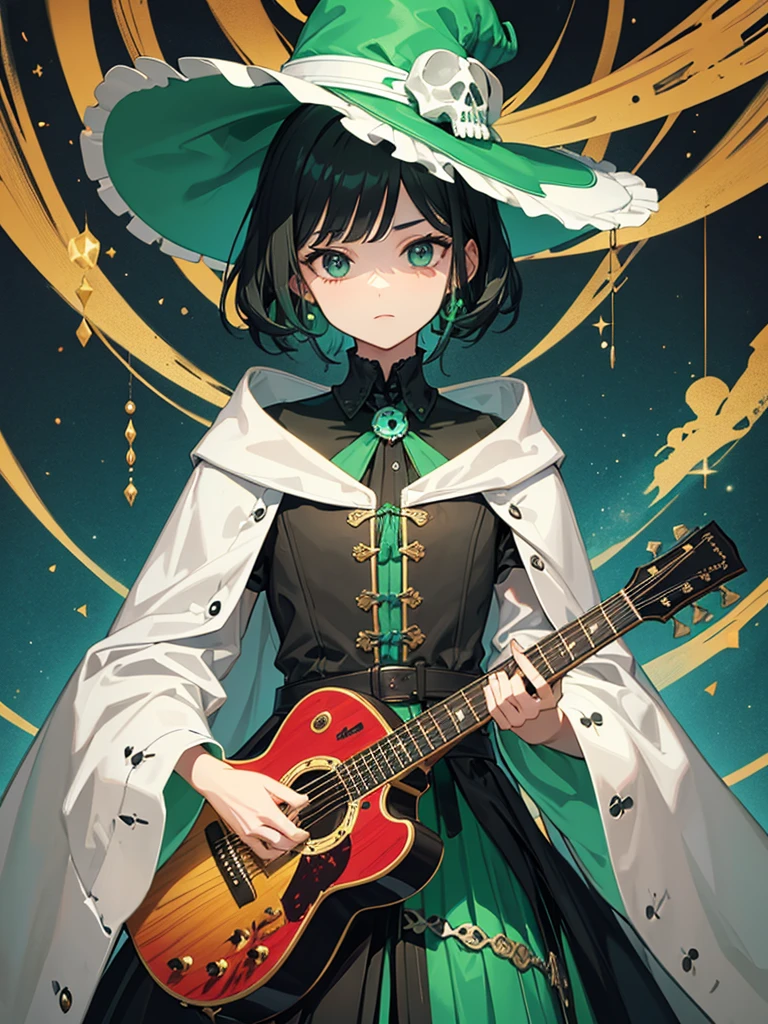 Make a skull, take care of the detail in the bones, healing magician, create a combination of magician and mariachi clothing, green clothing color, dessert details, black hair, generates a big hat, place a guitar, do not multiply the instrument 