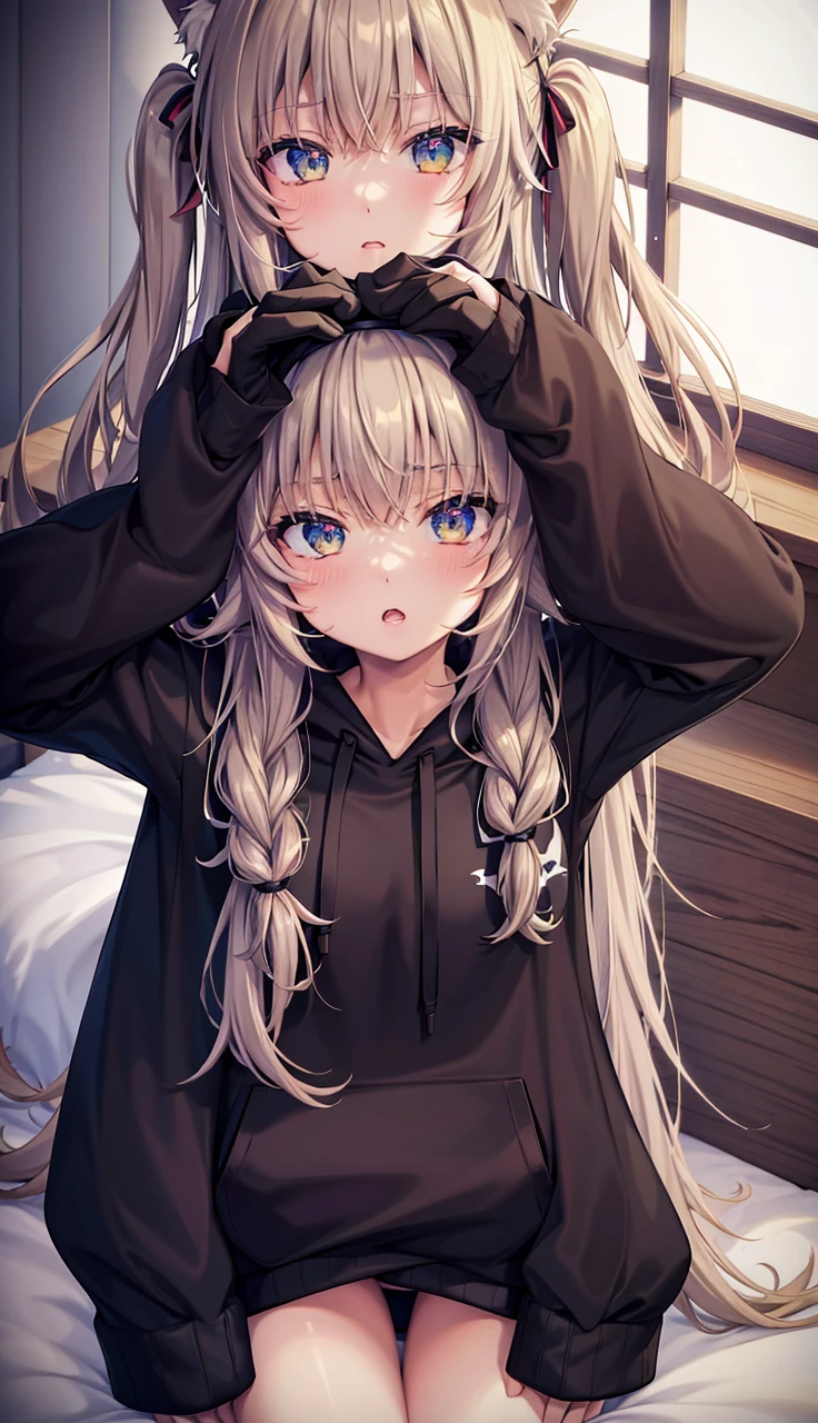 catgirl, 1gir, cat ears, ((cute)), masterpiece, best quality, perfect face, hoodie, hood, looking up, high angle, smal, furr, cozy, warm, window, night, long hoodie, no_pants, 4k, wallpaper, close up, digital art, anime style, beautiful eyes, intimate