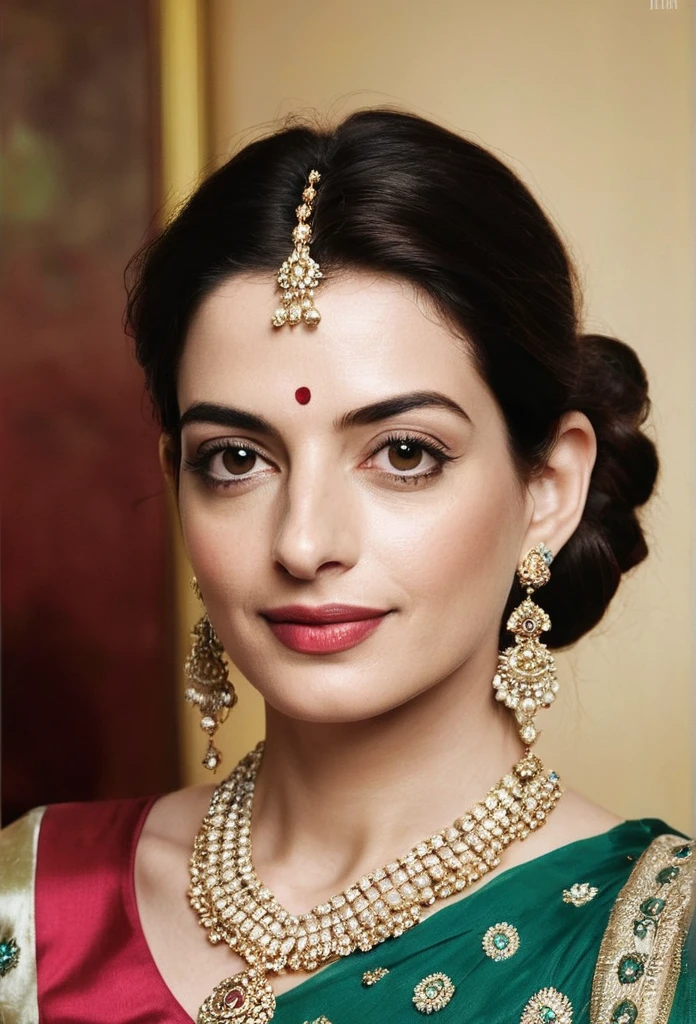 A stunning portrait of an Indian milf woman, Reminds the elegance of Anne Hathaway. The model's cropped hair adds a touch of modernity to her classic beauty. Your navel is subtly displayed, drawing attention to your toned physique. Perfectly symmetrical eyes shine with joy, framed by a hyper-realistic skin texture that feels almost tactile. soft, Ambient edge lighting illuminates your features, as if bathed in the warm glow of a setting sun. Shot on state-of-the-art DSLR equipment, This 8K image features film-like grain and exceptional quality, capturing every detail with Fujifilm XT3 precision.