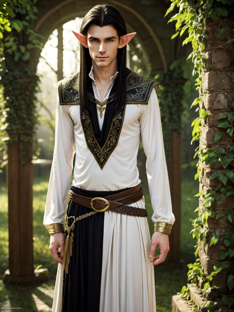 (best quality), 1boy, male, pale skin, black hair, medium hair, curtain hair, tousled hair, green eyes, perfect eyes, dark circles under eyes, tall, slender, handsome, strong jawline, lazy, light smile, attractive, (elf), pointed ears, fantasy clothes, masterpiece, anatomically correct, highres