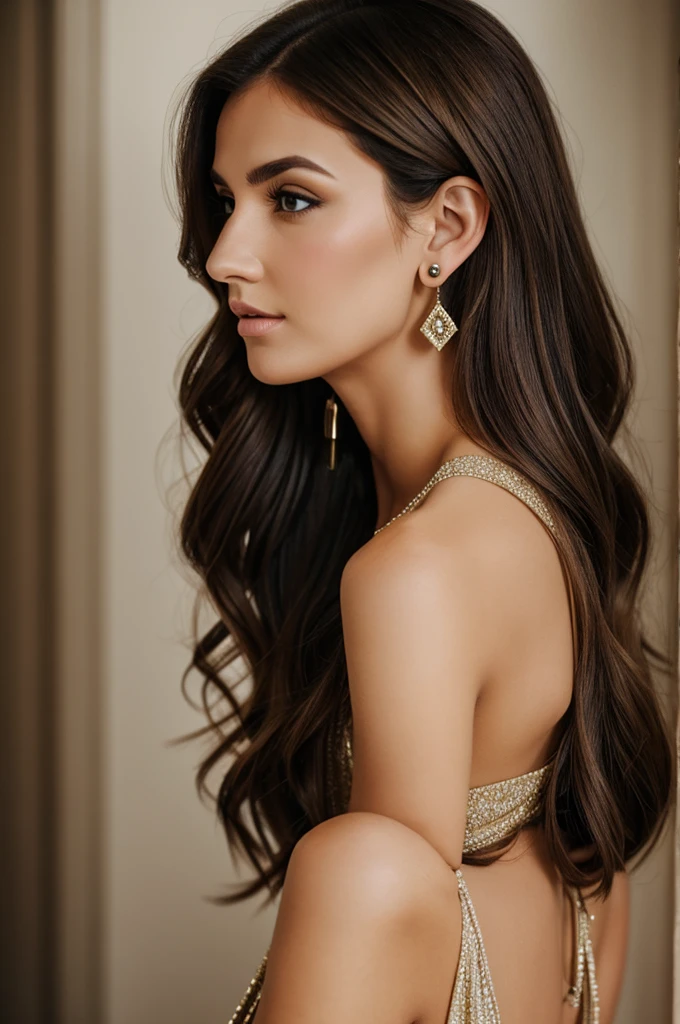 Brunette hair woman with long nose and earring in dress