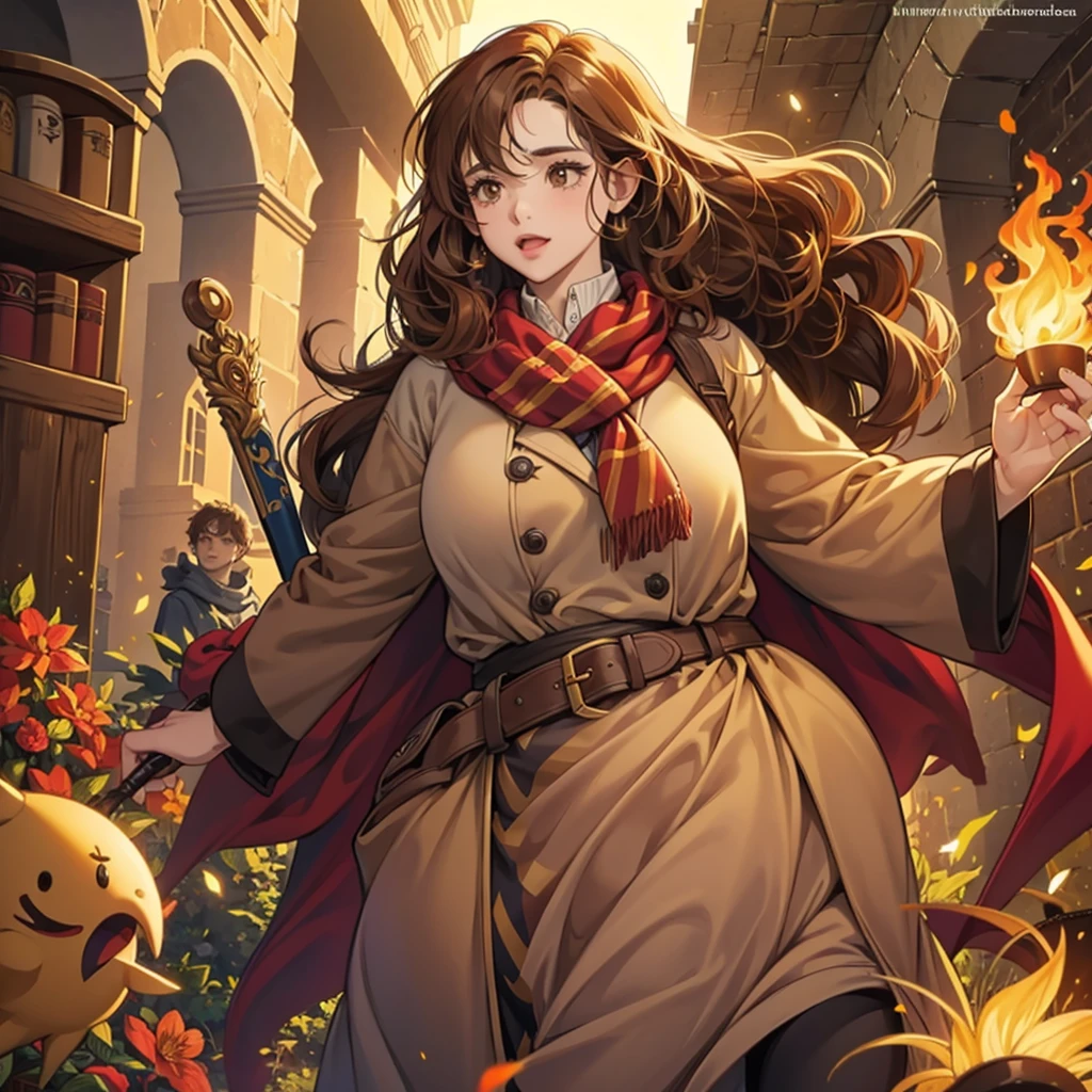 Draw a caricature of Harry Potter. adult woman, Plump, curly hair, very light coffee, Brown eyes, Griffyndor, Magic wand, yellow scarf with red