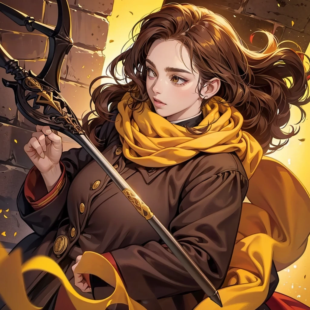 Draw a caricature of Harry Potter. adult woman, Plump, curly hair, very light coffee, Brown eyes, Griffyndor, Magic wand, yellow scarf with red 