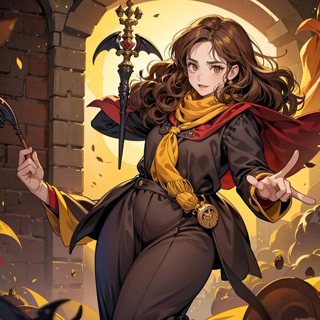 Draw a caricature of Harry Potter. adult woman, Plump, curly hair, very light coffee, Brown eyes, Griffyndor, Magic wand, yellow scarf with red