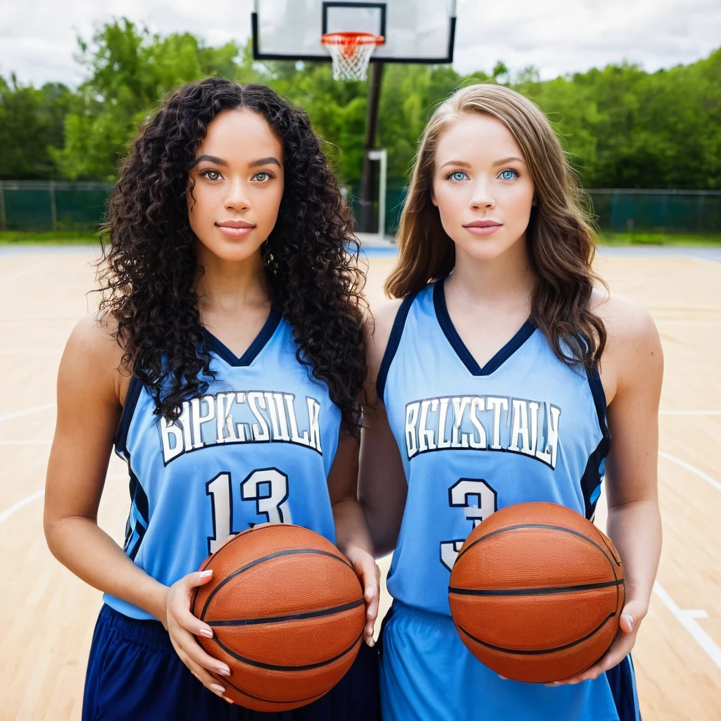 1 beautiful biracial woman with blue eyes and 1 beautiful white woman with dark hair, basket jerseyx basketball court