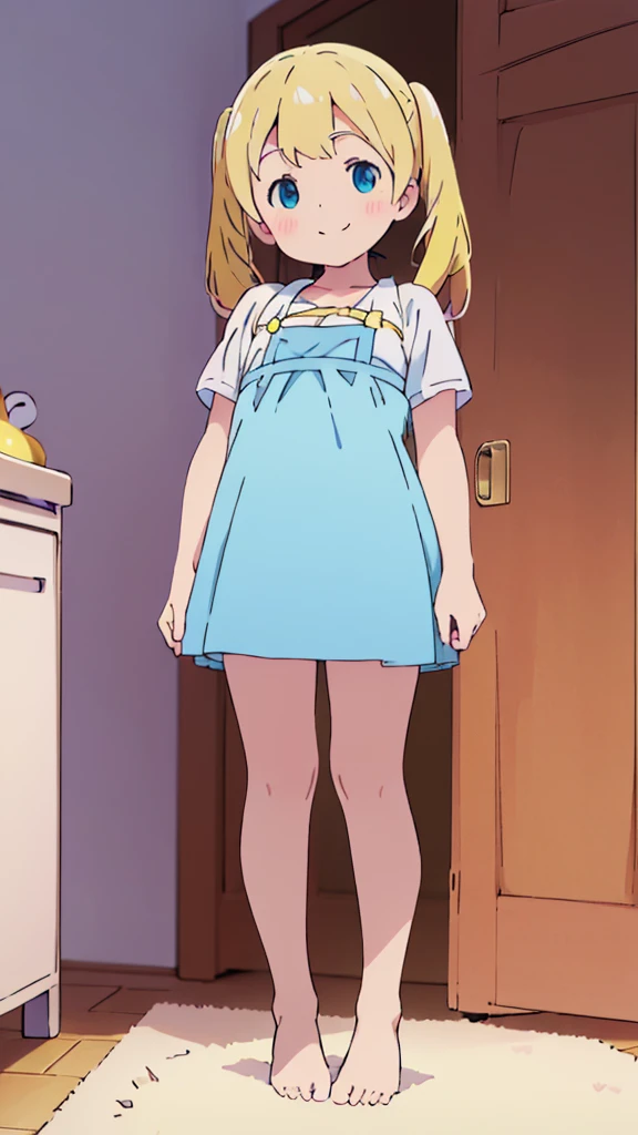 ((masterpiece))((Highest quality))girl、smile、blush、Flat Chest、Are thin、Blonde Hair、blush、Are standing、Whole body image、Eye level to the feet、front、No background、真frontのアングル、Blue clothes、Yellow and white two-tone hair、Twin tails