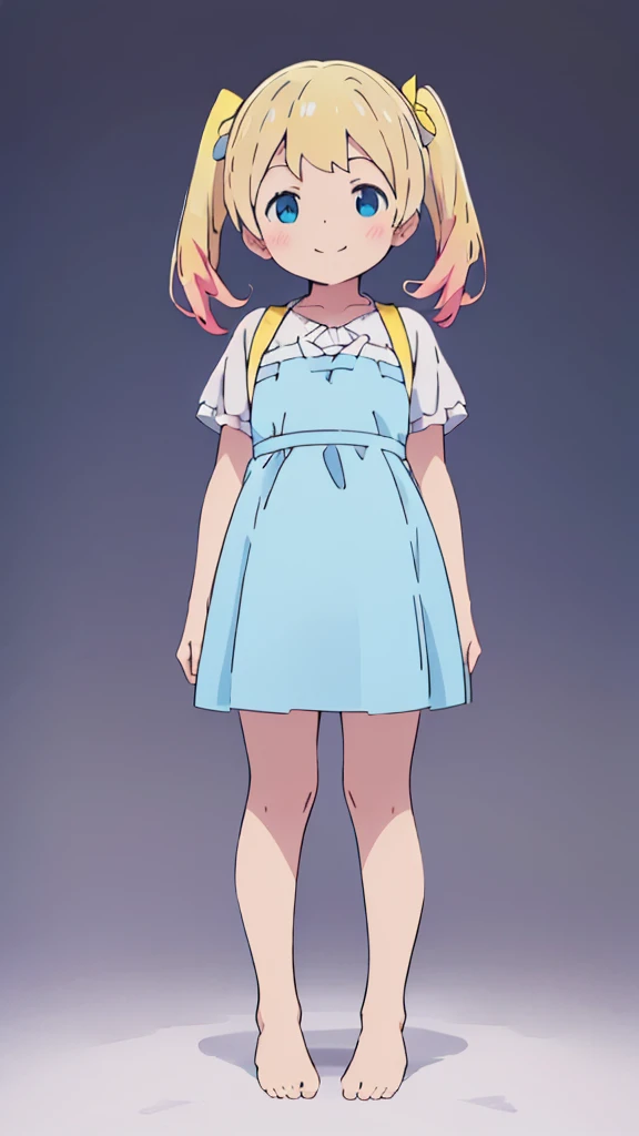 ((masterpiece))((Highest quality))girl、smile、blush、Flat Chest、Are thin、Blonde Hair、blush、Are standing、Whole body image、Eye level to the feet、front、No background、真frontのアングル、Blue clothes、Yellow and white two-tone hair、Twin tails