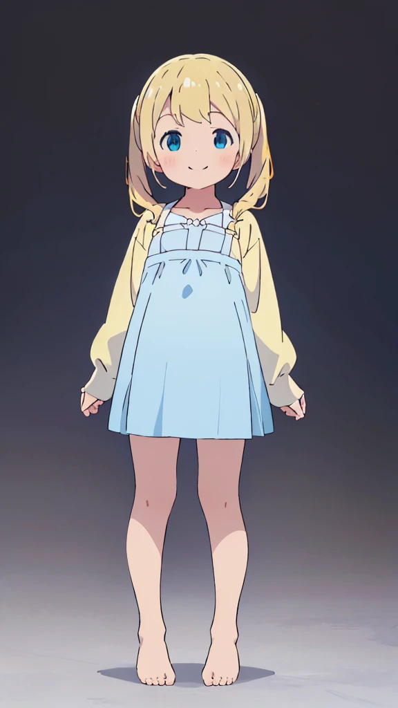 ((masterpiece))((Highest quality))girl、smile、blush、Flat Chest、Are thin、Blonde Hair、blush、Are standing、Whole body image、Eye level to the feet、front、No background、真frontのアングル、Blue clothes、Yellow and white two-tone hair、Twin tails
