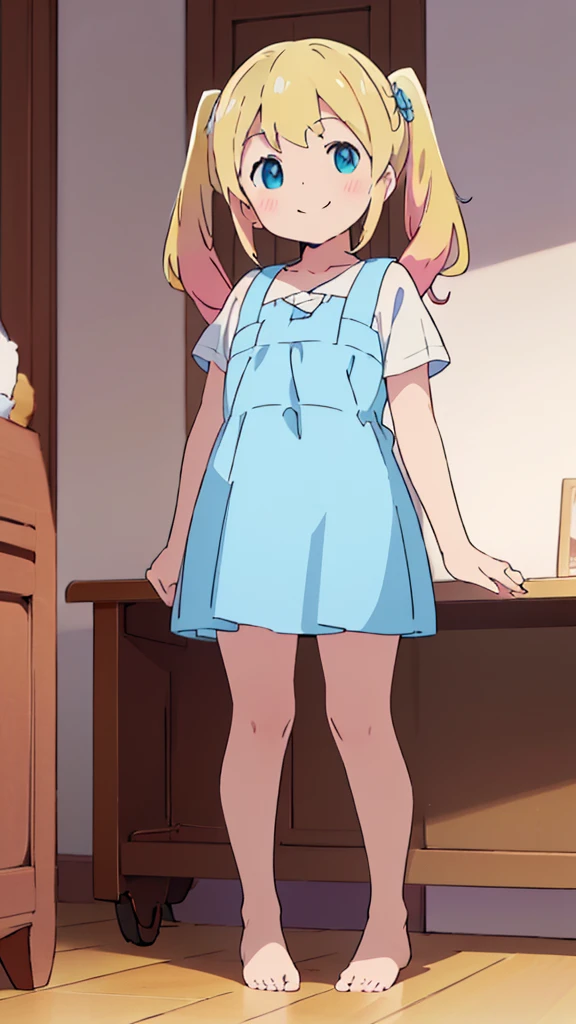 ((masterpiece))((Highest quality))girl、smile、blush、Flat Chest、Are thin、Blonde Hair、blush、Are standing、Whole body image、Eye level to the feet、front、No background、真frontのアングル、Blue clothes、Yellow and white two-tone hair、Twin tails