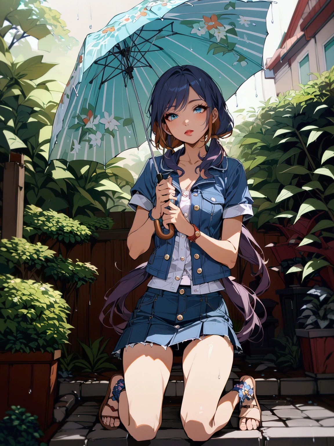 a young beautiful woman holding an umbrella and singing, anime style, beautiful detailed eyes, beautiful detailed lips, extremely detailed face, longeyelashes, 1girl, solo, full body, low twintail haircut, garden, rainy day, vivid colors, (masterpiece, best quality)