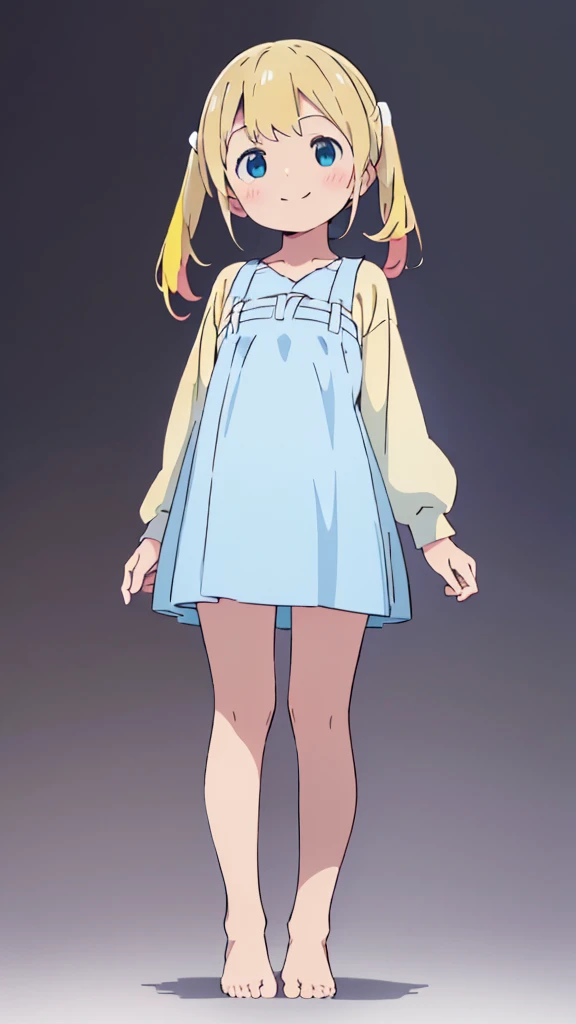 ((masterpiece))((Highest quality))girl、smile、blush、Flat Chest、Are thin、Blonde Hair、blush、Are standing、Whole body image、Eye level to the feet、front、No background、真frontのアングル、Blue clothes、Yellow and white two-tone hair、Twin tails