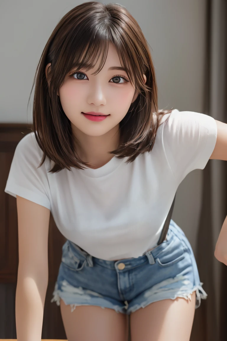 Tabletop、Highest quality、Super detailed、High resolution、8K Wallpaper、Beautifully detailed eyeedium Hair、Natural color lips、20 year old girl、、Perfect and beautiful face、Big eyes、Beautiful double eyelids、Brown eyes、Brown Hair、Soft 、smile、slouch、Leaning forward、Shoot from below、Tshirt、Shorts、suspenders