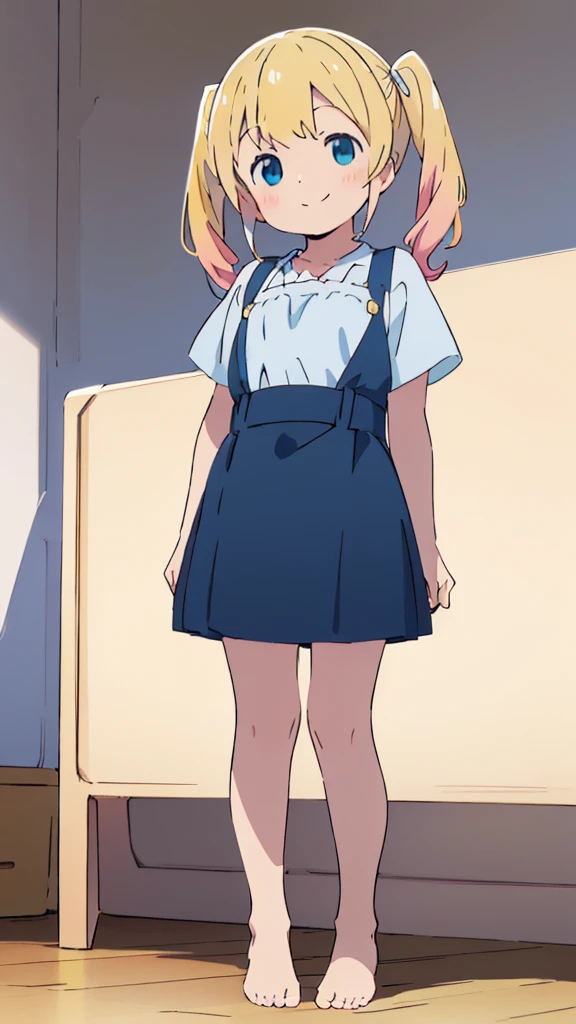((masterpiece))((Highest quality))girl、smile、blush、Flat Chest、Are thin、Blonde Hair、blush、Are standing、Whole body image、Eye level to the feet、front、No background、真frontのアングル、Blue clothes、Yellow and white two-tone hair、Twin tails