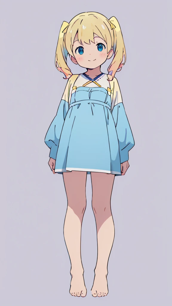 ((masterpiece))((Highest quality))girl、smile、blush、Flat Chest、Are thin、Blonde Hair、blush、Are standing、Whole body image、Eye level to the feet、front、No background、真frontのアングル、Blue clothes、Yellow and white two-tone hair、Twin tails