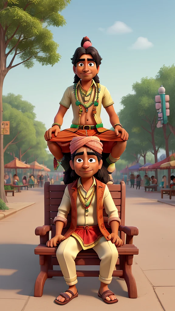 Imagine a typical Indian setting, perhaps a street or a park bench.