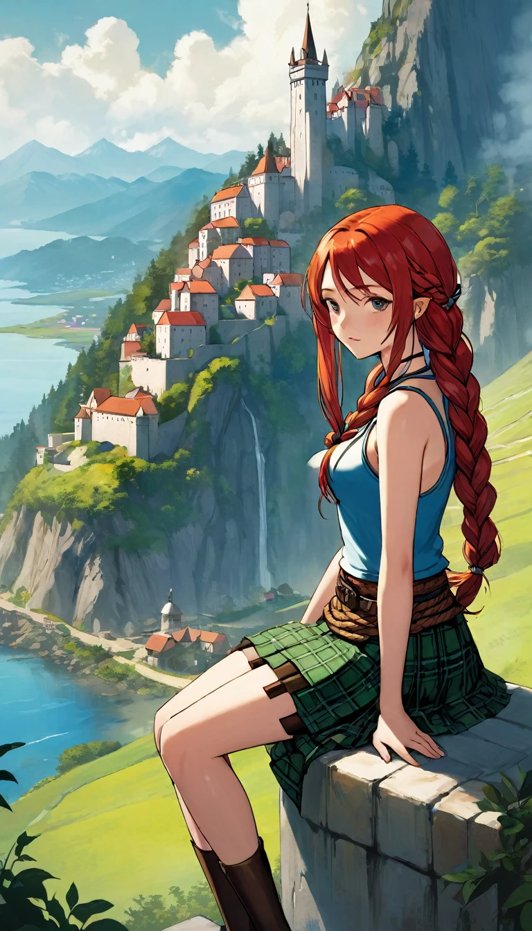 This image represents a beautiful scene from the fantasy world. It is during the day or early afternoon and the atmosphere is calm and great. In the foreground a female character appears sitting with her back to the viewer. She has long red braided hair and wears a plaid miniskirt with stockings and a tank top, very sexy, rope belt. In the background, we see a magnificent city built on a steep mountain or island. The city's architecture is reminiscent of the Middle Ages and the Renaissance, characterized by tall spiers and dense buildings and futuristic elements. High above the city, there are buildings that look like castles and palaces that rise above the rest. Below the city, there are lush green fields and scattered small buildings, which may be farms or towns. The landscape is lush and green with trees surrounding the settlements. Several ships are anchored at the foot of the mountains and islands, suggesting that the city is an important port city. The sky is light blue with very few clouds, indicating that it is daytime or early afternoon. The overall atmosphere is calm and grand, suggesting stories of adventure, exploration, or political intrigue in this fantasy world (art inspired by Bill Sienkiewicz). oil painting)
