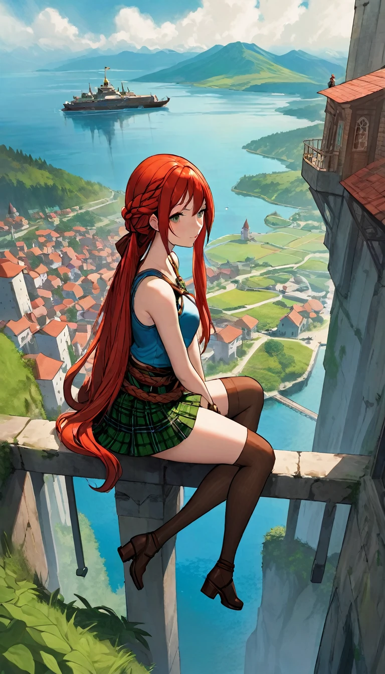 This image represents a beautiful scene from the fantasy world. It is during the day or early afternoon and the atmosphere is calm and great. In the foreground a female character appears sitting with her back to the viewer. She has long red braided hair and wears a plaid miniskirt with stockings and a tank top, very sexy, rope belt. In the background, we see a magnificent city built on a steep mountain or island. The city's architecture is reminiscent of the Middle Ages and the Renaissance, characterized by tall spiers and dense buildings and futuristic elements. High above the city, there are buildings that look like castles and palaces that rise above the rest. Below the city, there are lush green fields and scattered small buildings, which may be farms or towns. The landscape is lush and green with trees surrounding the settlements. Several ships are anchored at the foot of the mountains and islands, suggesting that the city is an important port city. The sky is light blue with very few clouds, indicating that it is daytime or early afternoon. The overall atmosphere is calm and grand, suggesting stories of adventure, exploration, or political intrigue in this fantasy world (art inspired by Bill Sienkiewicz). oil painting)