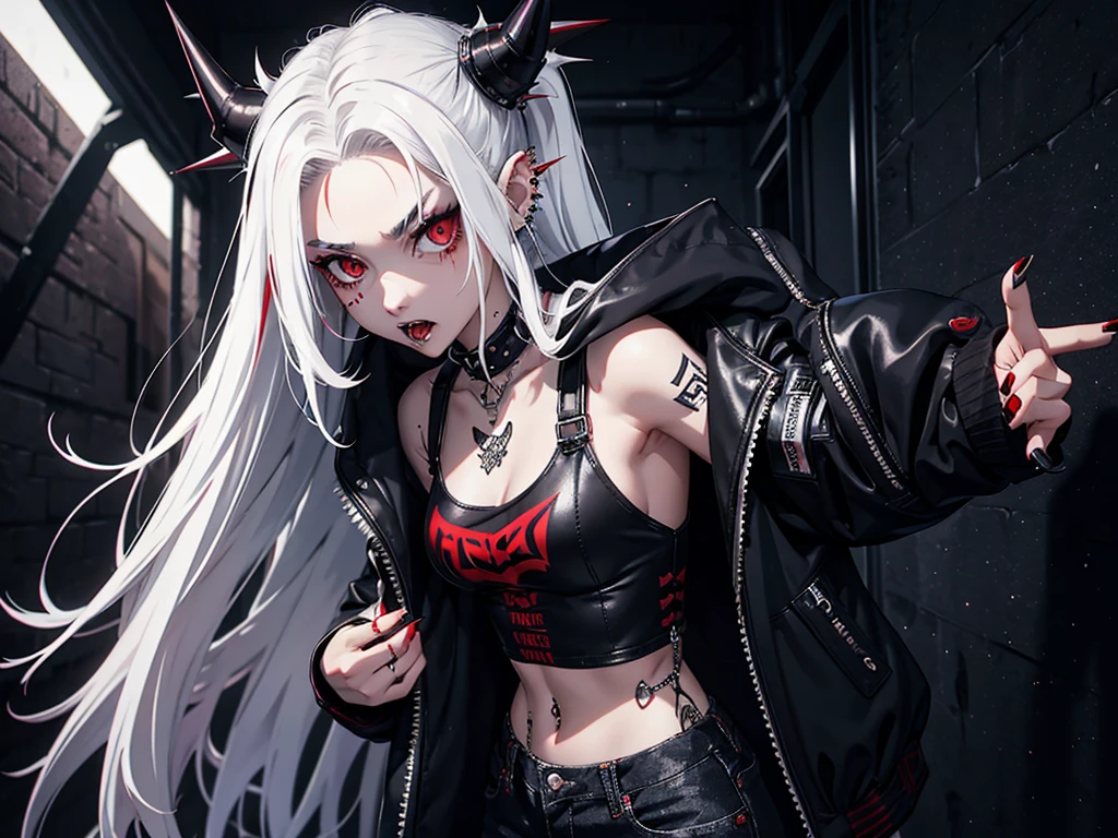 1girl, messy spiky white long hair, red eyes, small septum piercing, right eyebrow piercing, vampire fangs, wearing black punk jacket, wearing black baggy jeans, high res, ultrasharp, 8k, masterpiece, looking at viewer
