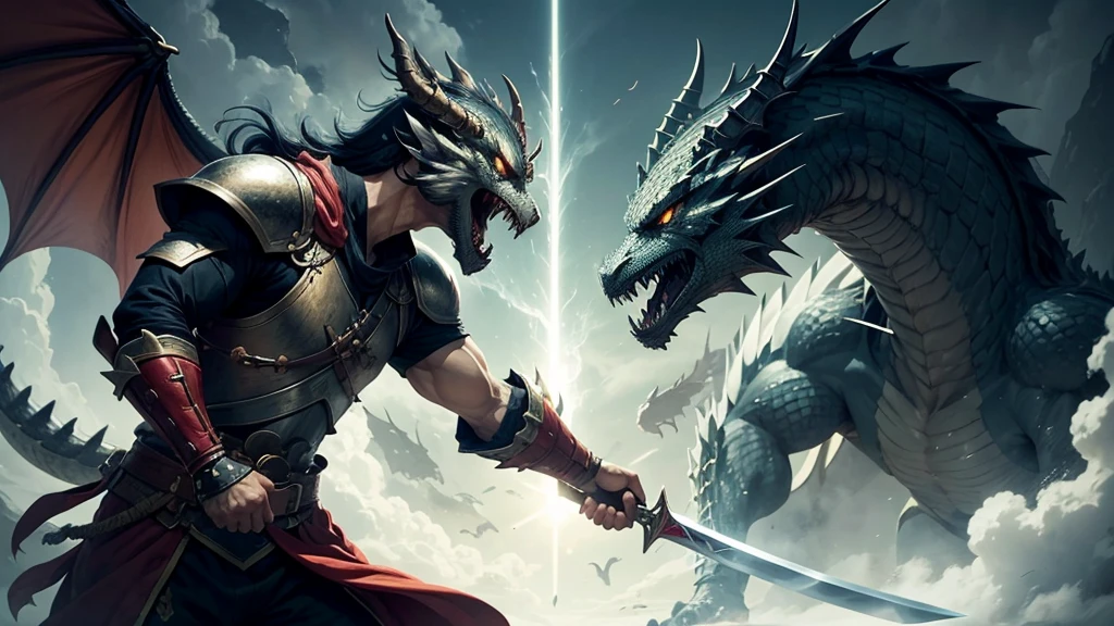 swordsman warrior facing a dragon