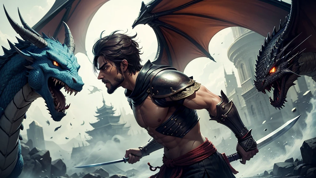 swordsman warrior facing a dragon