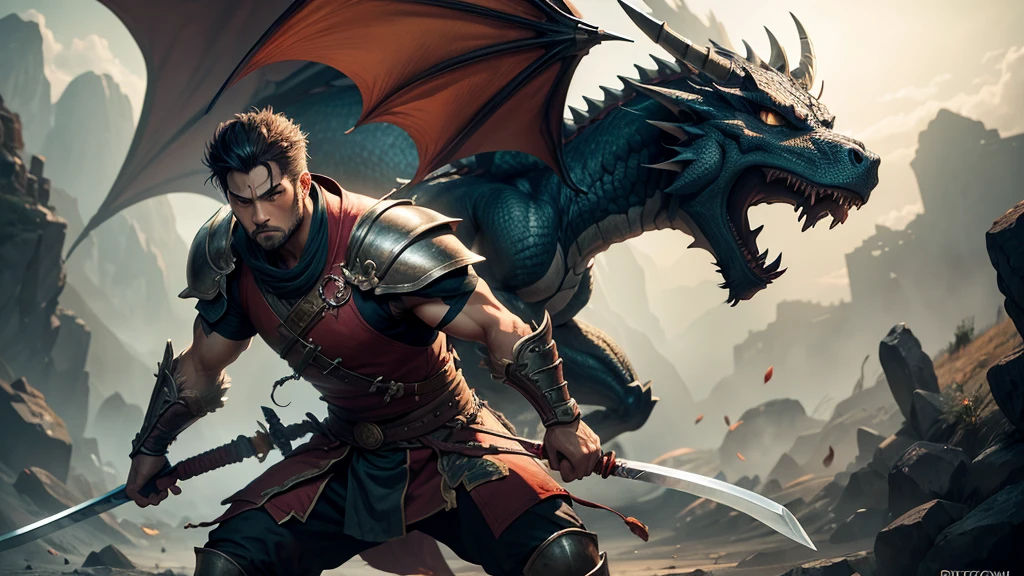 swordsman warrior facing a dragon