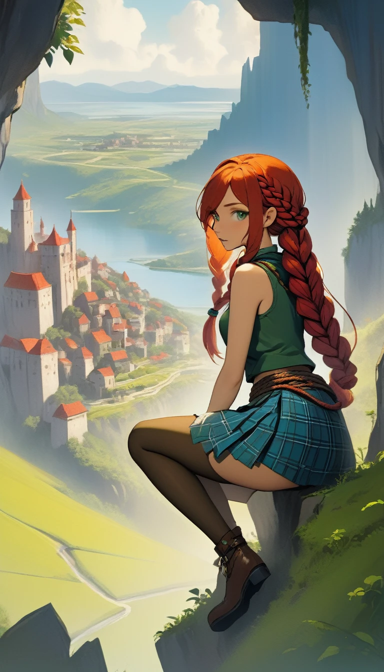 This image represents a beautiful scene from the fantasy world. It is during the day or early afternoon and the atmosphere is calm and great. In the foreground a female character appears sitting with her back to the viewer. She has long red braided hair and wears a plaid miniskirt with stockings and a tank top, very sexy, rope belt. In the background, we see a magnificent city built on a steep mountain or island. The city's architecture is reminiscent of the Middle Ages and the Renaissance, characterized by tall spiers and dense buildings and futuristic elements. High above the city, there are buildings that look like castles and palaces that rise above the rest. Below the city, there are lush green fields and scattered small buildings, which may be farms or towns. The landscape is lush and green with trees surrounding the settlements. Several ships are anchored at the foot of the mountains and islands, suggesting that the city is an important port city. The sky is light blue with very few clouds, indicating that it is daytime or early afternoon. The overall atmosphere is calm and grand, suggesting stories of adventure, exploration, or political intrigue in this fantasy world (art inspired by Bill Sienkiewicz). oil painting)
