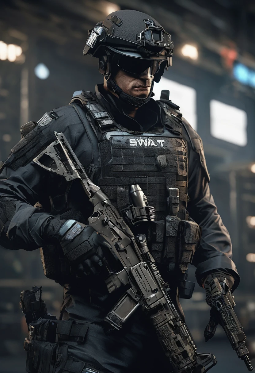 Masterpiece quality wallpaper, Swat, muscular, SWAT uniform, wearing SWAT uniform, Call of duty, intricate details, highly detailed and stylized, 8K UHD, Video game wallpaper, dark background