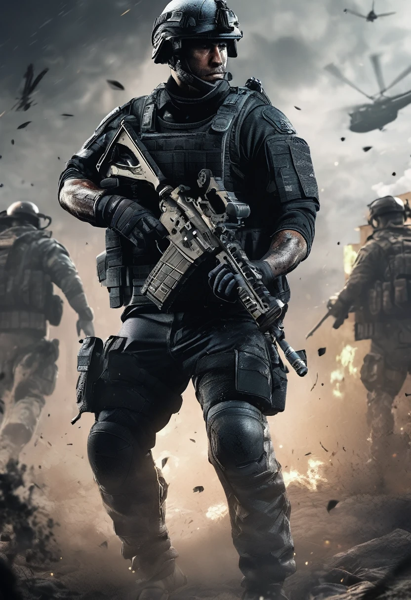 Masterpiece quality wallpaper, Swat, muscular, SWAT uniform, wearing SWAT uniform, Call of duty, intricate details, highly detailed and stylized, 8K UHD, Video game wallpaper, dark background