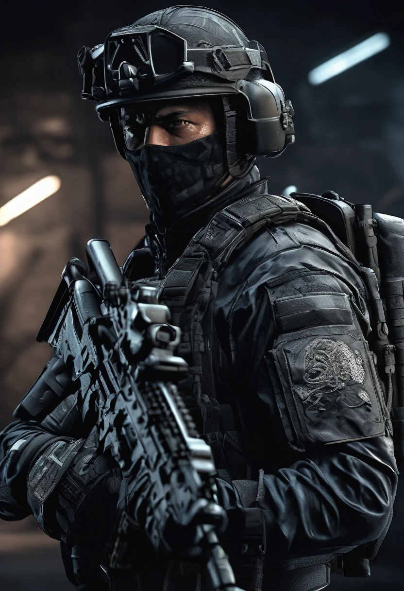 Masterpiece quality wallpaper, Swat, muscular, SWAT uniform, wearing SWAT uniform, Call of duty, intricate details, highly detailed and stylized, 8K UHD, Video game wallpaper, dark background