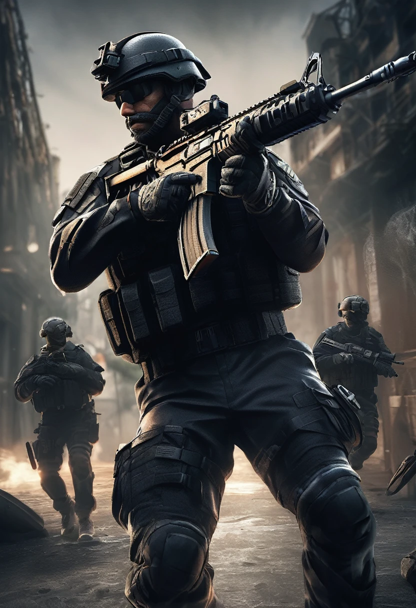 Masterpiece quality wallpaper, Swat, muscular, SWAT uniform, wearing SWAT uniform, Call of duty, intricate details, highly detailed and stylized, 8K UHD, Video game wallpaper, dark background