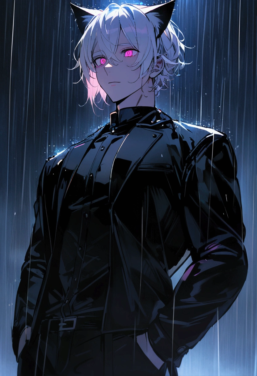 1 men, short white hair, pink eyes, Kitten ears, Wearing a black casual outfit, wearing gloves, slightly muscular body, at night, raining, front view, on a plain , Hand in pockets, 4K, bright coloured, tall quality, close up no rosto, pretty detailed eyes, well-detailed face