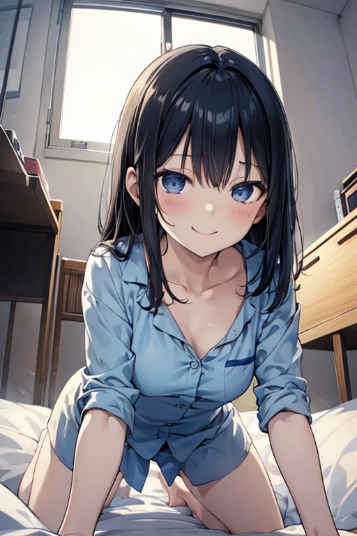 (masterpiece,Illustration Awards:1.3),Professional work,anime,Detailed face,Detailed Description,Blue tones,(Darker Room:1.3),From below,1girl,pov,perspective,Depth of Field,(Closest Face:1.3), BREAK (Teasing smile:1.3),Collarbone,Office Shirt,pajamas,large breasts,Thighs,(Circular mouth:1.3),(Petite,loli),onbed,On all fours,Looking down,Kneeling, BREAK The face of the girl straddling my belly and staring at me is closest,Saddled on a man's stomach,