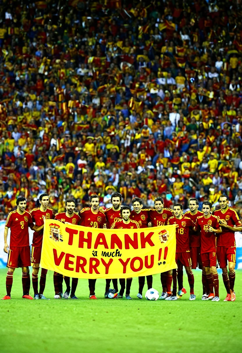 The Spanish soccer team with a banner that says thank you very much, Don David.