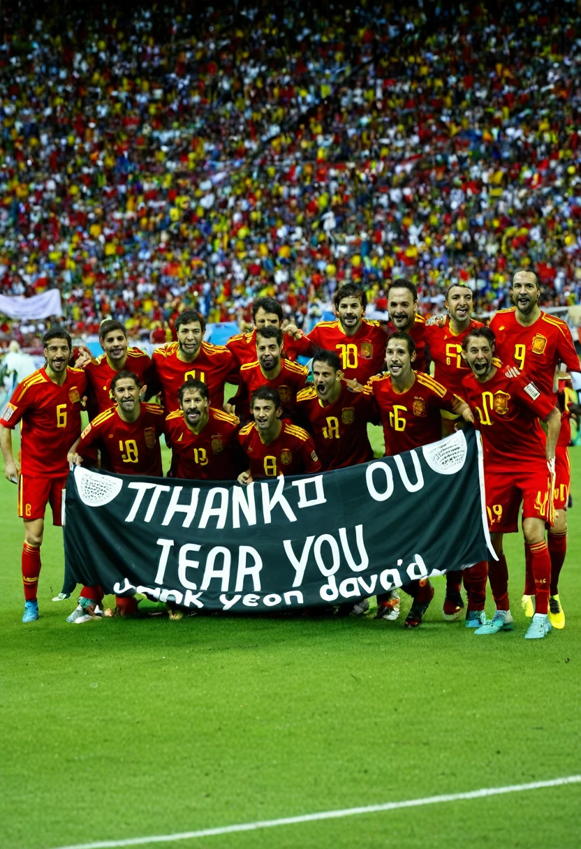 The Spanish soccer team with a banner that says thank you very much, Don David.