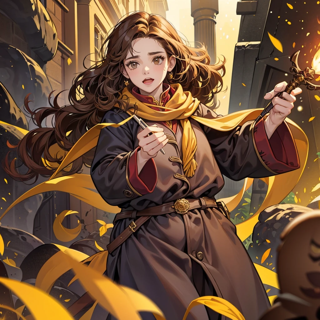 Draw a caricature of Harry Potter. adult woman, Plump, curly hair, very light coffee, Brown eyes, Griffyndor, Magic wand, yellow scarf with red, black and gray