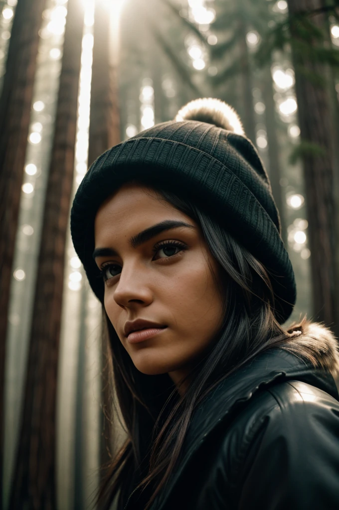 photograph of a naked woman, (sympathetic facial expression), textured skin, goosebumps, jet black half-up half-down hair, faux fur-lined parka with skinny jeans and beanie, group profile, towering ancient redwood trees creating a sense of wonder and awe, perfect eyes, ((hard lighting:1.4)), Velvia 100 color, shot on Cinestill 800T, bokeh, sharp focus on subject, shot by Manuela Marques