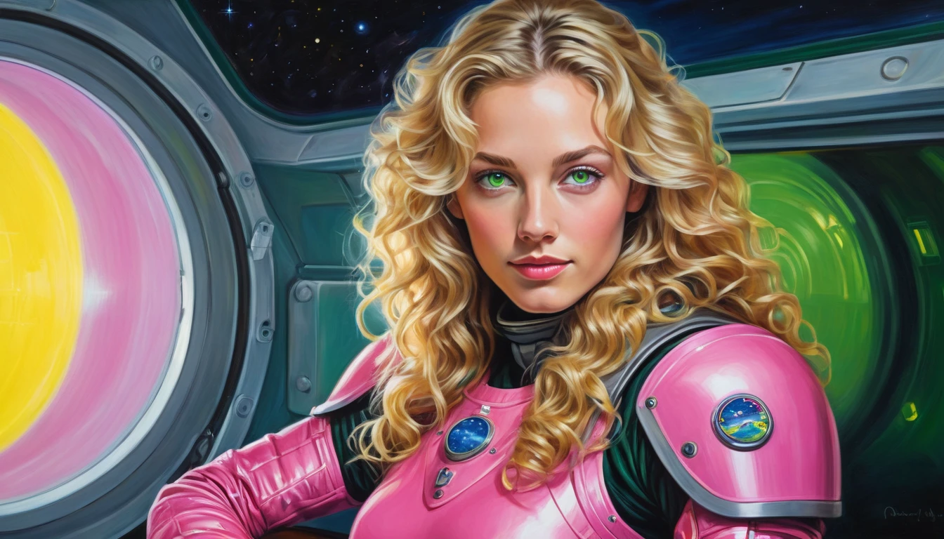 realistic acrylic art, vivid colors, lateral point of view, a beautiful european woman with long curly blonde hair, green eyes, looking at the viewer with suspicious face and a shy smile, she wears spacial pink tight armor, gloves, adjusting a sophisticated belt, dramatic yellow lights, background space station