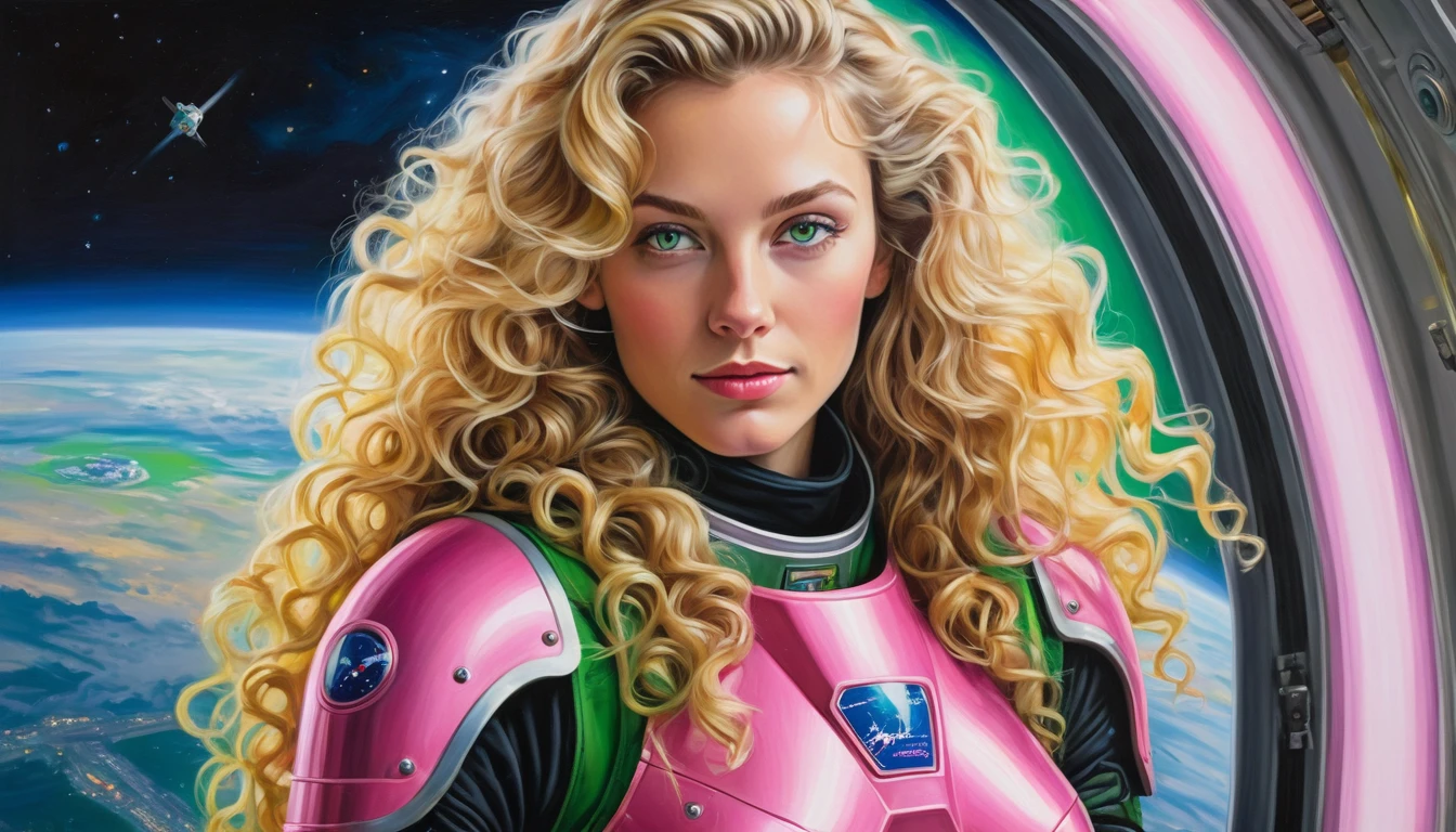 realistic acrylic art, vivid colors, lateral point of view, a beautiful european woman with long curly blonde hair, green eyes, looking at the viewer with suspicious face and a shy smile, she wears spacial pink tight armor, gloves, adjusting a sophisticated belt, dramatic yellow lights, background space station
