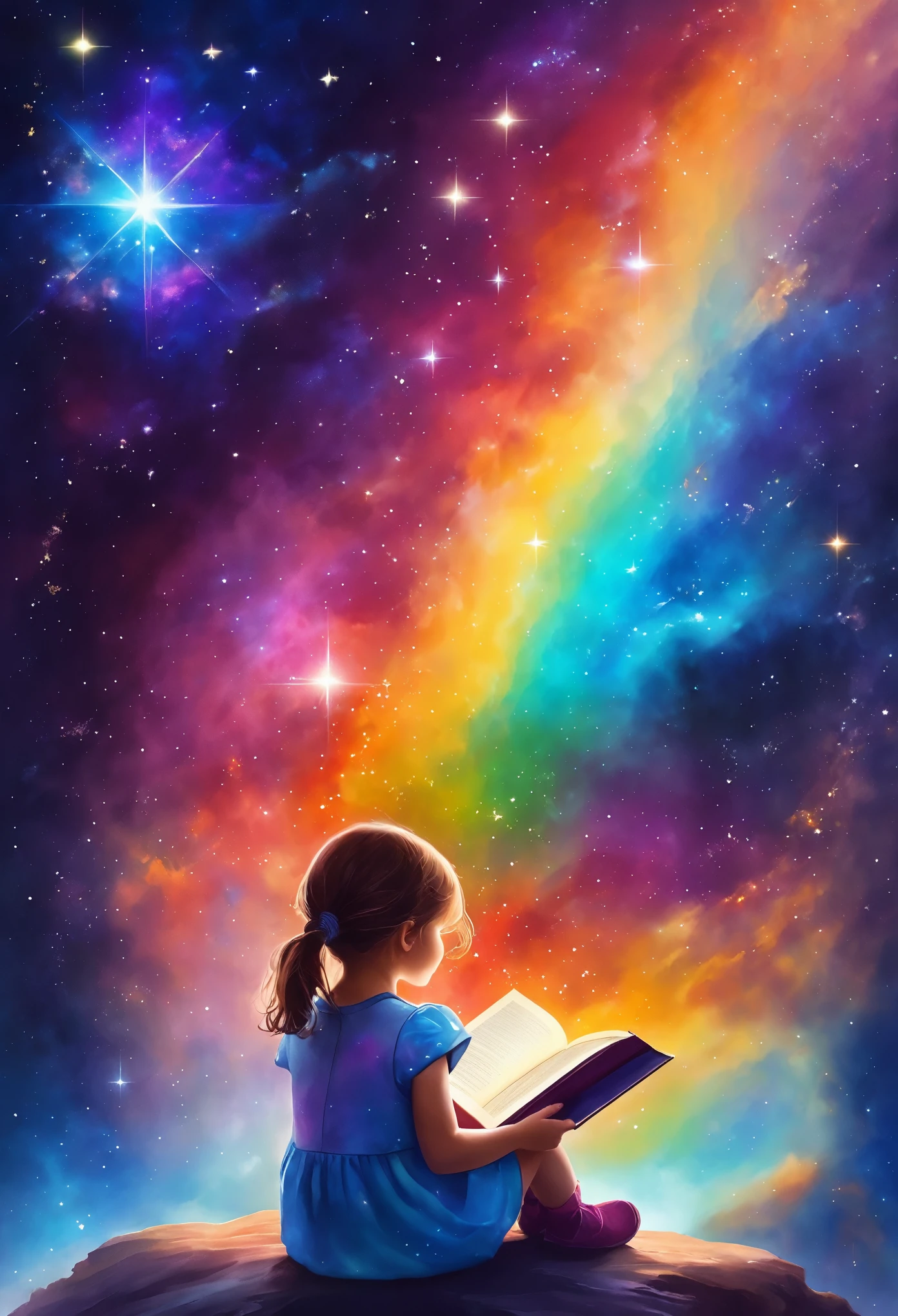 a little girl sitting in the Star and reading a colored shining book, Rainbow colored cosmic nebula sky background, Star, galaxy