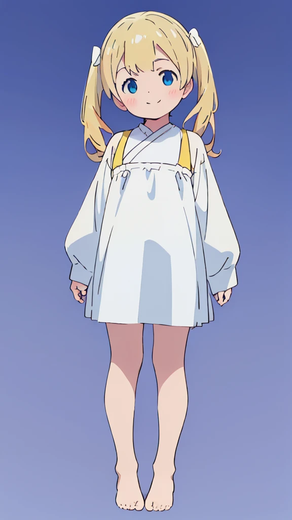 ((masterpiece))((Highest quality))girl、smile、blush、Flat Chest、Are thin、Blonde Hair、blush、Are standing、Whole body image、Eye level to the feet、front、No background、真frontのアングル、Blue clothes、Yellow and white two-tone hair、Twin tails
