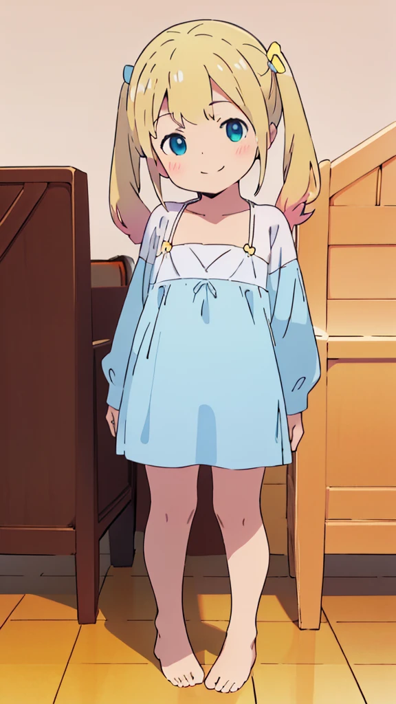 ((masterpiece))((Highest quality))girl、smile、blush、Flat Chest、Are thin、Blonde Hair、blush、Are standing、Whole body image、Eye level to the feet、front、No background、真frontのアングル、Blue clothes、Yellow and white two-tone hair、Twin tails