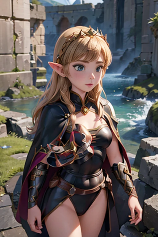 (High resolution) 1 girl, Anna of Arendelle、alone, Goblins girl in armor, Elf Girl, Goblins, armor, Wearing a black high-cut swimsuit、Cave Crown, Cape, Ruins of ancient Greece,Anna of Arendelle
