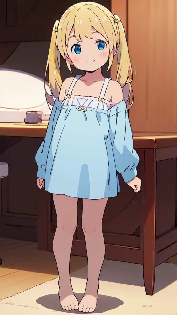 ((masterpiece))((Highest quality))girl、smile、blush、Flat Chest、Are thin、Blonde Hair、blush、Are standing、Whole body image、Eye level to the feet、front、No background、真frontのアングル、Blue clothes、Yellow and white two-tone hair、Twin tails