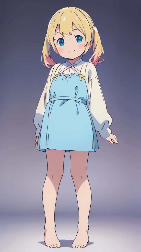 ((masterpiece))((Highest quality))girl、smile、blush、Flat Chest、Are thin、Blonde Hair、blush、Are standing、Whole body image、Eye level to the feet、front、No background、真frontのアングル、Blue clothes、Yellow and white two-tone hair、Twin tails