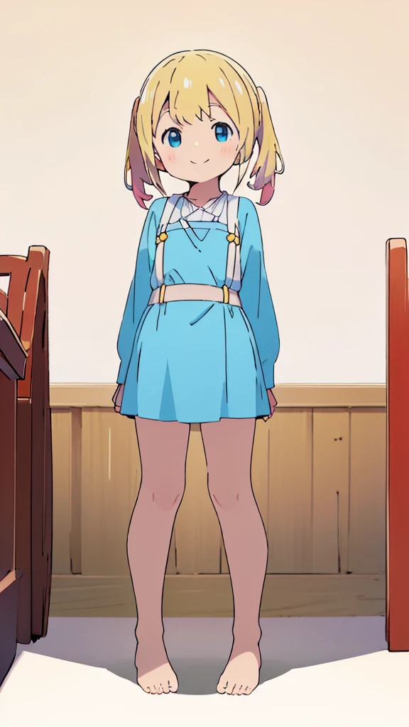 ((masterpiece))((Highest quality))girl、smile、blush、Flat Chest、Are thin、Blonde Hair、blush、Are standing、Whole body image、Eye level to the feet、front、No background、真frontのアングル、Blue clothes、Yellow and white two-tone hair、Twin tails